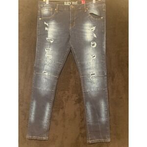 Black Dike Distressed‎ Denim Jeans Slim Fit Moto Style Patches Mens Size 32x32